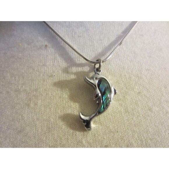 Silver Tone Dolphin Necklace Ocean Abalone Pendant Chain - Picture 4 of 13